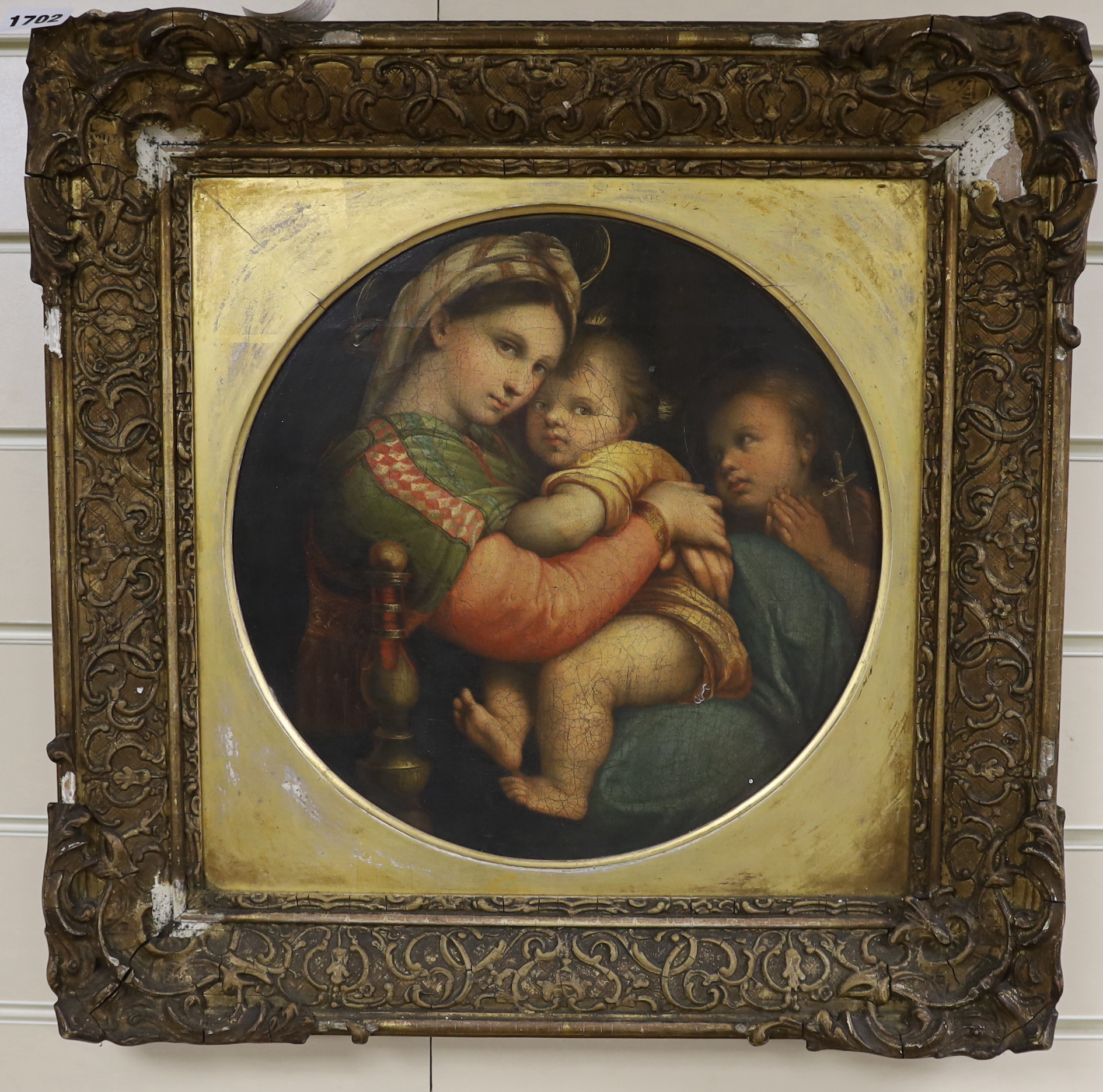 After Raphael (Italian, 1483-1520), tondo oil on canvas, Madonna of the chair, 31 x 31cm